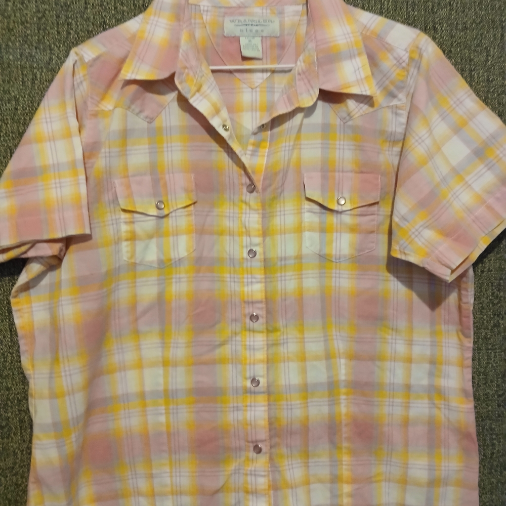 Women Wrangler Shirt, Pink and Yellow Plaid Wesrern Wear, Snap Front, Sz XL,Y2K